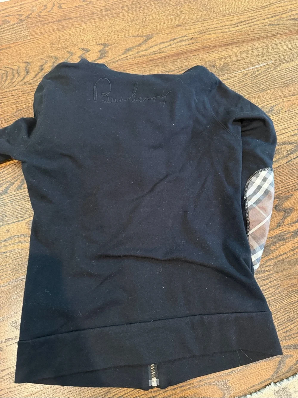 Burberry Black Zip-Up Hoodie with Beige Check Lining and Elbow Patches - Picture 7 of 7